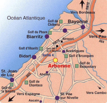 Carte et plan de situation de l'Hôtel Laminak à Arbonne dans le Pays Basque, France